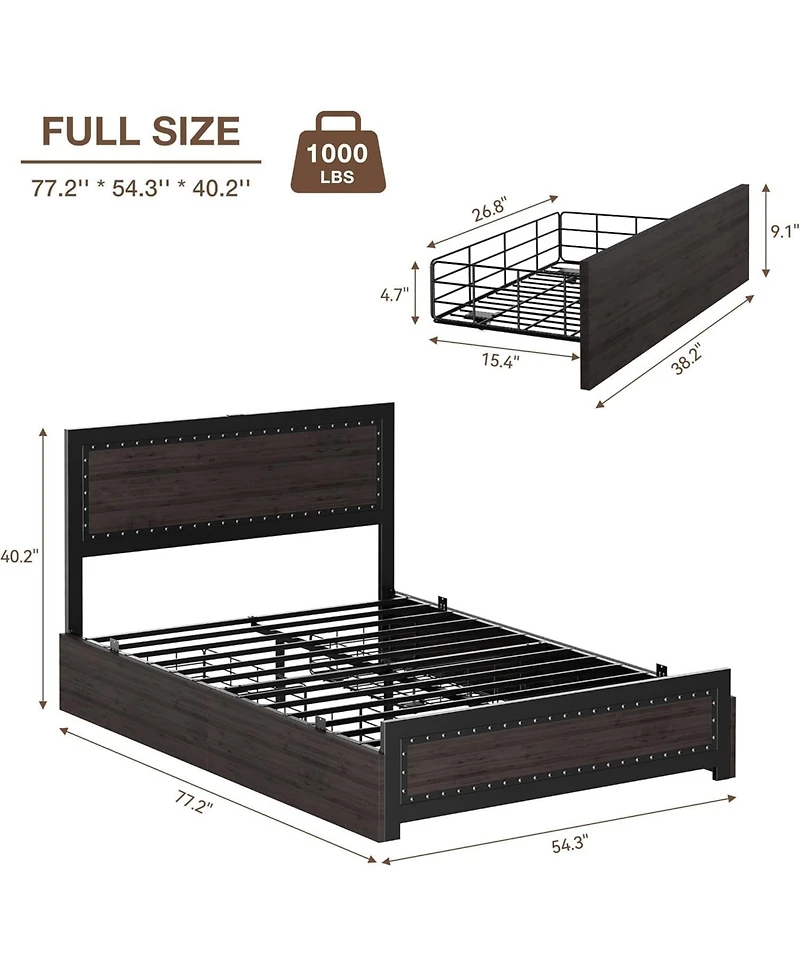 gaomon Metal Platform Bed Frame with Headboard, 4 Storage Drawers & Charging Station, Strong Slat Support