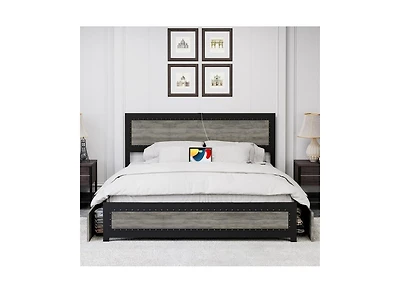 gaomon Metal Platform Bed Frame with Headboard, 4 Storage Drawers & Charging Station, Strong Slat Support