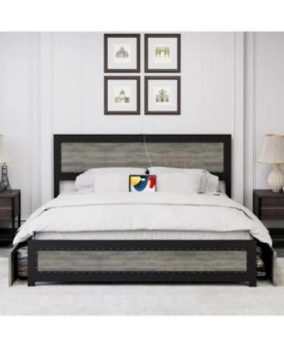 Gaomon Metal Platform Bed Frame With Headboard 4 Storage Drawers Charging Station Strong Slat Support