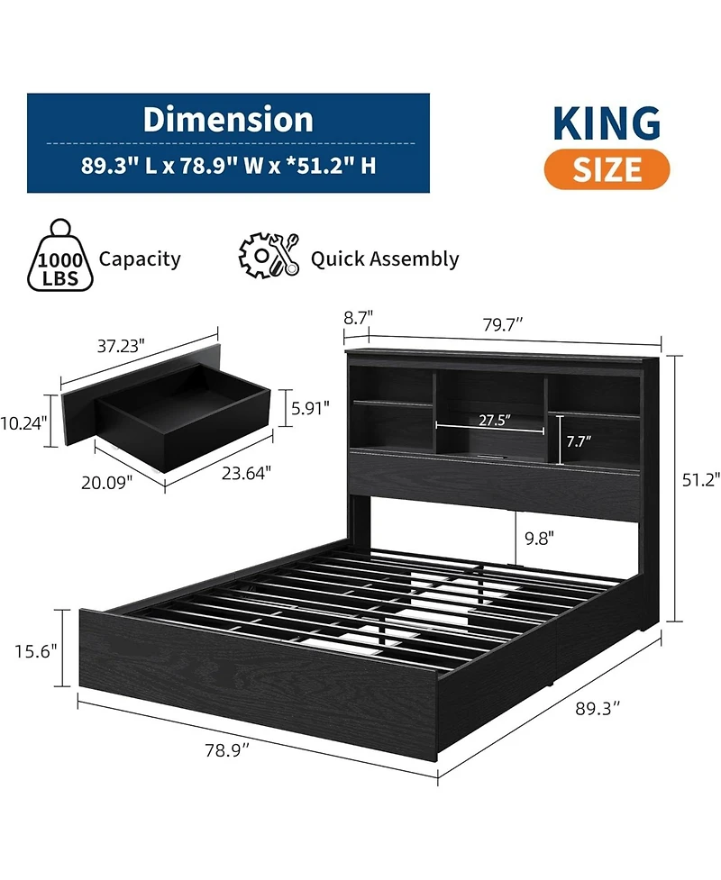 gaomon King Bed Frame with Storage Bookcase Headboard & 4 Drawers, Wood Platform Bed with Charging Station, No Box Spring