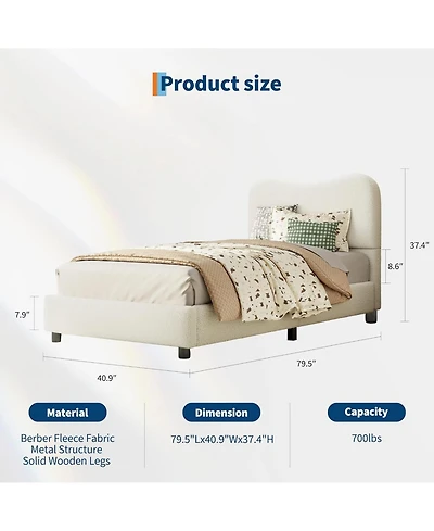 gaomon Velvet Upholstered Bed Frame Boucle Headboard Rounded Corners Low Profile Wood Slats