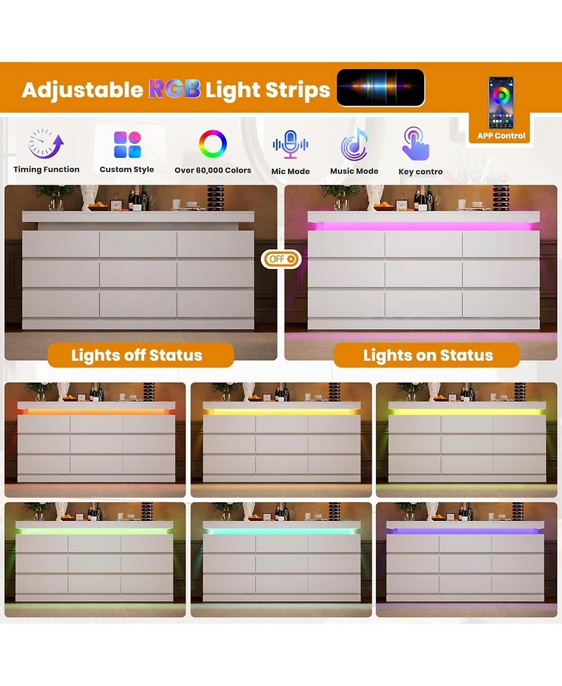 gaomon 9-Drawer Dresser, 63" Wide Chest with Led Lights & Charging Station, Large Storage Organizer Tv Stand for Living Room, Hallway