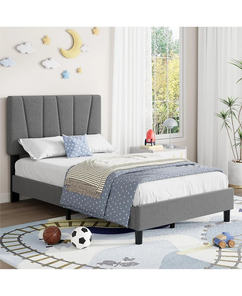 gaomon Twin Platform Bed with Adjustable Headboard, Linen Upholstered Frame, Wood Slats