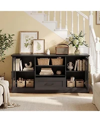 Gymax Farmhouse Tv Stand for TVs up to 70'' Entertainment Media Center Storage Cabinet w/Glass Doors