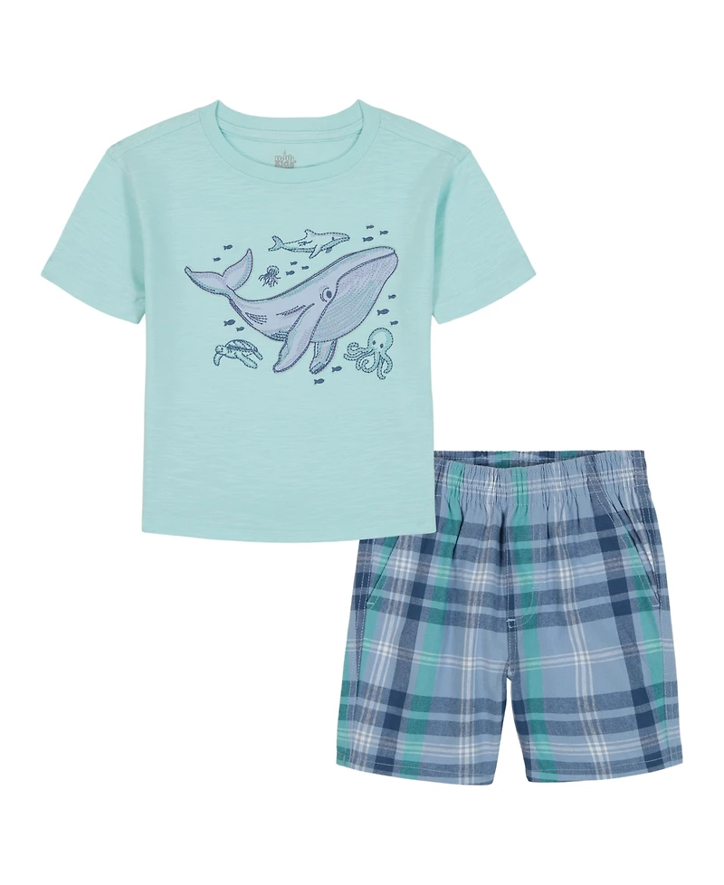 Kids Headquarters Boys' Toddler 2T-5T Short-Sleeve Ocean Animal T-Shirt and Striped Printed Shorts, 2-Piece Set