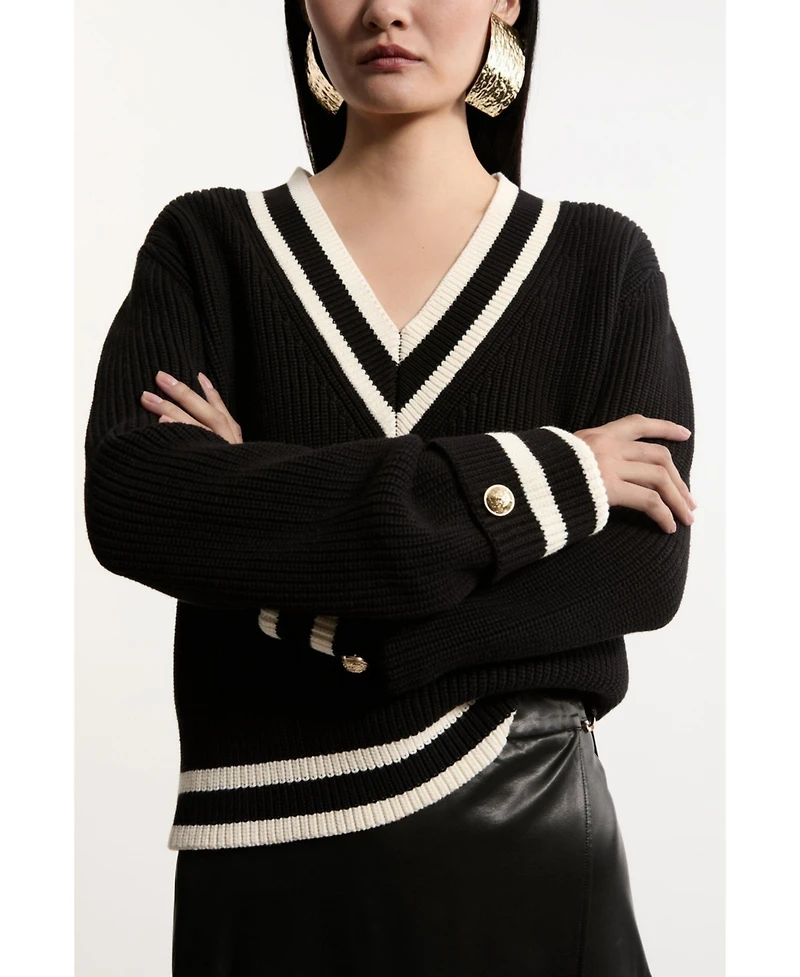 Karen Millen Women's Cotton V-Neck Knit Boxy Jumper