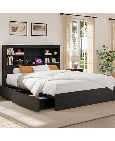 gaomon Full Bed Frame with Storage Bookcase Headboard & 4 Drawers, Wood Platform Bed with Charging Station