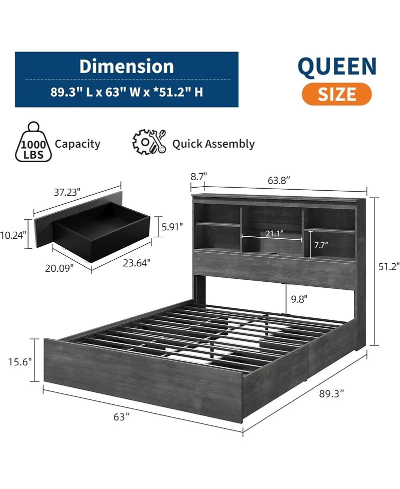 gaomon Queen Bed Frame with Storage Bookcase Headboard & 4 Drawers, Wood Platform Bed with Charging Station