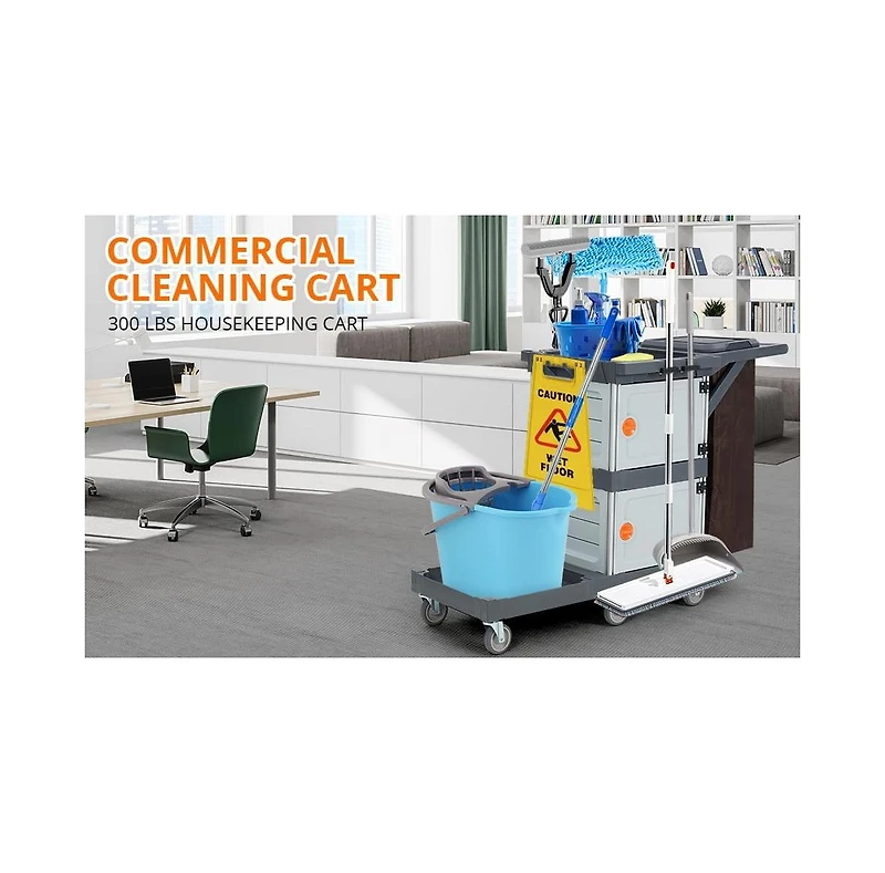 gaomon Commercial Janitorial Cart with Cabinet, Multi Purpose 3 Ply Plastic Housekeeping Cart with 30 Gallon Bag, 200 lbs Utility Cart