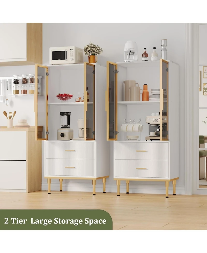 gaomon Fluted Pantry Cabinet with Glass Door and 2 Drawers, Kitchen Storage Adjustable Shelves, Modern Display Sideboard
