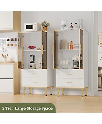gaomon Fluted Pantry Cabinet with Glass Door and 2 Drawers, Kitchen Storage Adjustable Shelves, Modern Display Sideboard