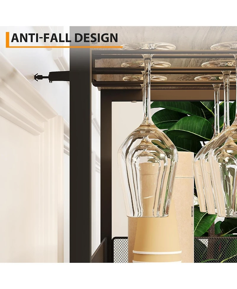 Wooden Wine Bar Cabinet with Led Light, Adjustable Shelves, Glass Holders & Mesh Door, Compact Sideboard