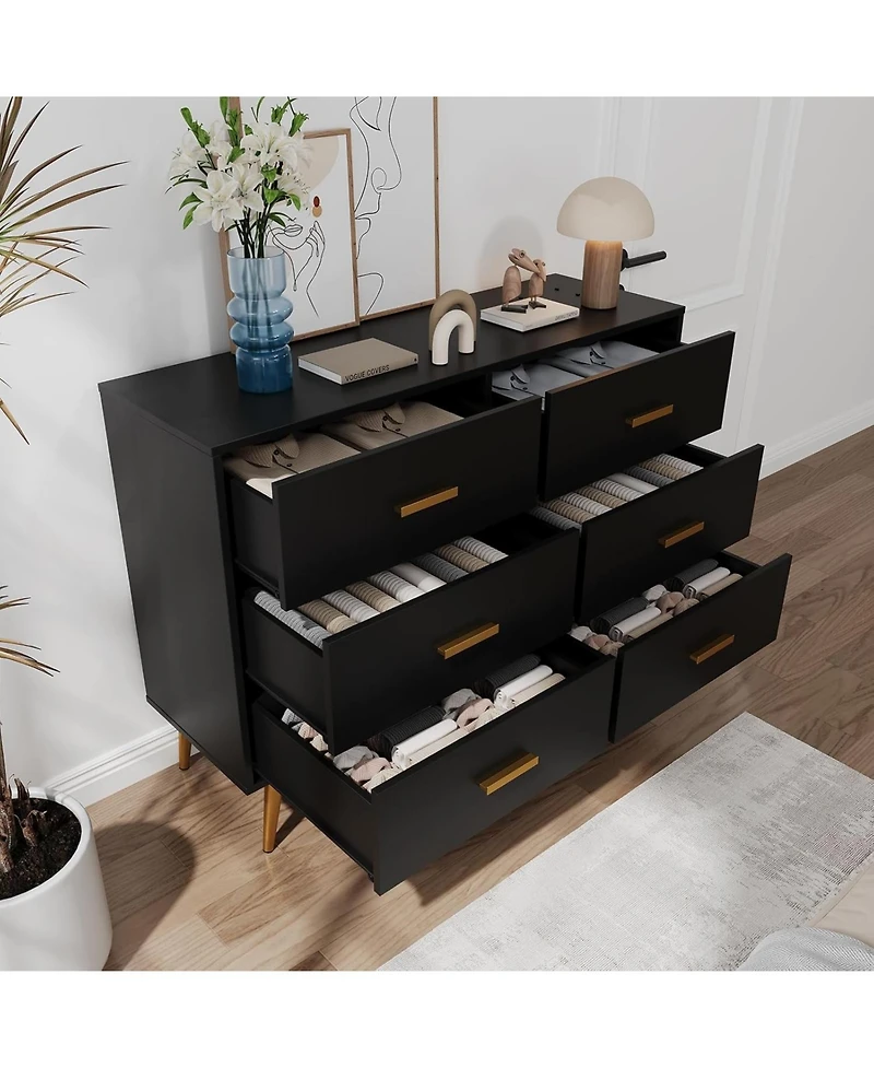 gaomon 6-Drawer Wide Chest, Contemporary Wood Storage, Bedroom Dresser with Sliding Drawers, Office, Lounge