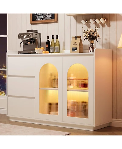 gaomon 48 Inch Sideboard Buffet Cabinet with Glass Doors Three Drawers Adjustable Shelves and Led Lights for Kitchen Dining and Living Room
