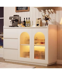 gaomon 48 Inch Sideboard Buffet Cabinet with Glass Doors Three Drawers Adjustable Shelves and Led Lights for Kitchen Dining and Living Room