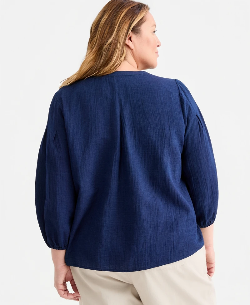 Style & Co Plus Cotton Embroidered-Trim V-Neck Top, Macy's Exclusive