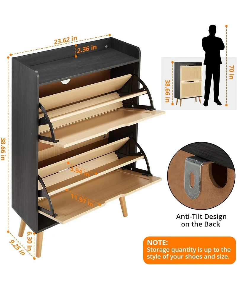 gaomon Slim Mdf Shoe Storage Cabinet with 2 Rattan Flip Drawers