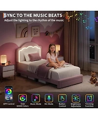 gaomon Twin Kids Upholstered Bed with Led Headboard, Plush Sherpa Fabric, Wooden Slats Support