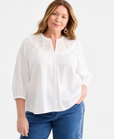 Style & Co Plus Cotton Embroidered-Floral Blouse, Macy's Exclusive