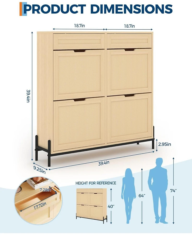 gaomon Freestanding Wooden Rattan Shoe Cabinet with 4 Flip Drawers and 2 Top Drawers