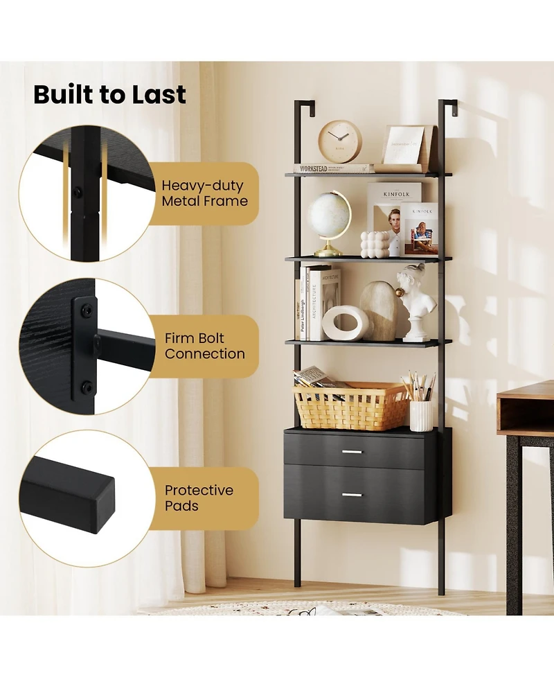 Slickblue 6-Tier Ladder Bookcase with 2 Drawers and Metal Frame