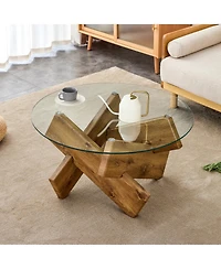 Rainsken Round Glass Top Coffee Tables, Modern Unique Center Table with Crossed Wood Legs for Living Room