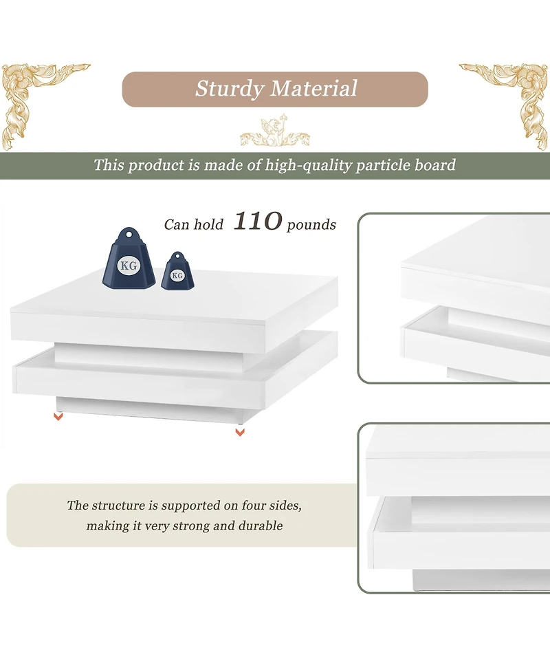 Rainsken 2-Tier Square Coffee Table, Modern High Gloss Led Center Table with Storage for Living Room and Home Office