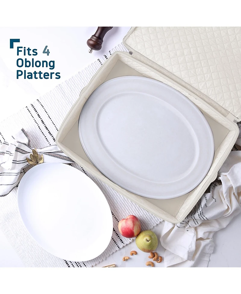 StorageBud Platter Storage Case – Quilted Hard-Shell Fine China Container, Stackable Platter Organizer with Handles & Felt Dividers