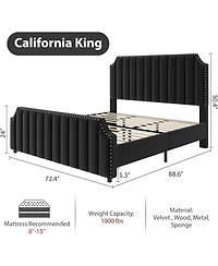 California King Velvet Upholstered Platform Bed Frame with Headboard & Footboard, Nailhead Trim, Sturdy Wooden Slats, Silent Design