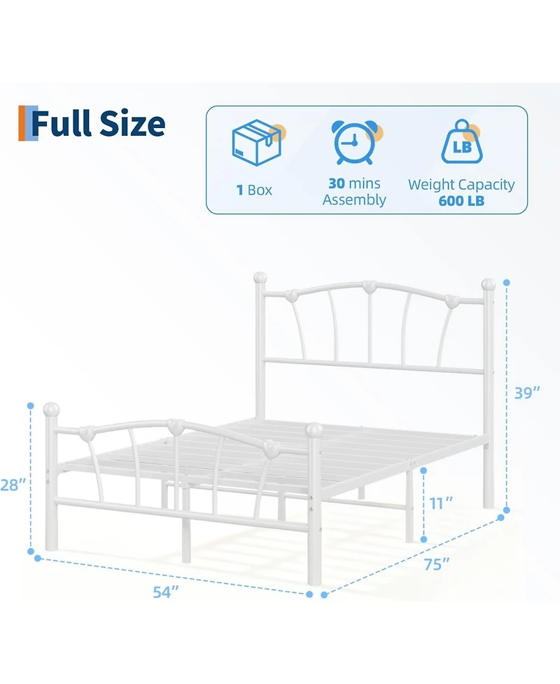 gaomon Full Kids Bed Frame with Headboard & Footboard, Heart-Shaped Metal Platform Bed, Heavy-Duty Steel Slats, Quiet Support, No Box Spring