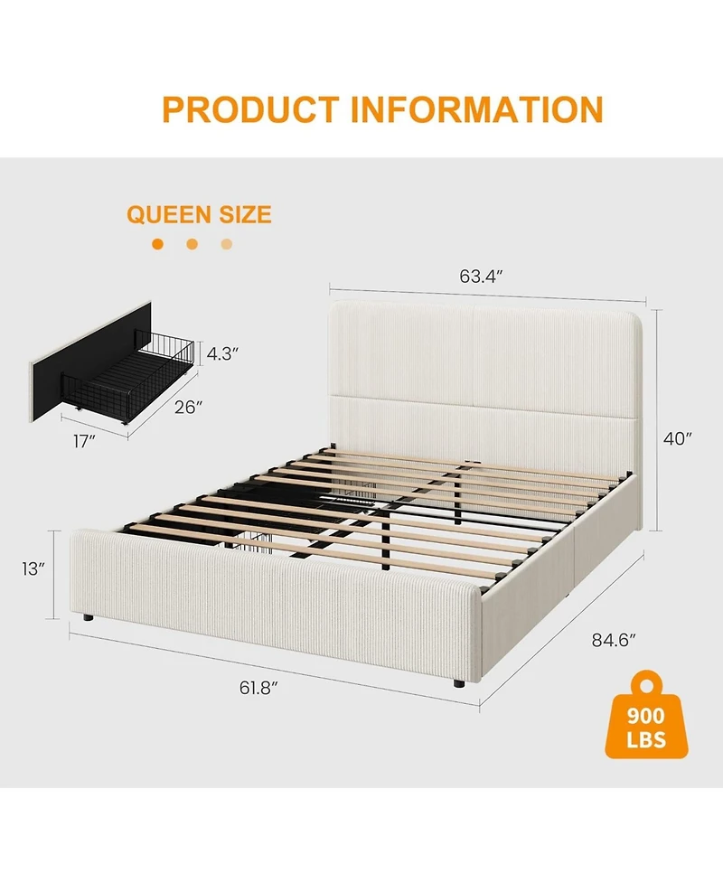 gaomon Queen Upholstered Platform Bed Frame with Headboard & Storage Drawers, Noise Free Design, Easy Assembly