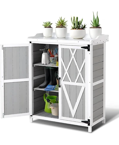 gaomon Outdoor wooden potting bench with metal worktop, waterproof storage cabinet, adjustable shelves, and double doors—ideal for gardening ta