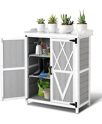 gaomon Outdoor wooden potting bench with metal worktop, waterproof storage cabinet, adjustable shelves, and double doors—ideal for gardening ta