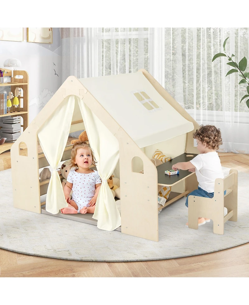 Gymax 6-in-1 Kids Playhouse Wooden Play Tent w/ Blackboard Desk Chair 6 Storage Bins