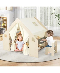 Gymax 6-in-1 Kids Playhouse Wooden Play Tent w/ Blackboard Desk Chair 6 Storage Bins