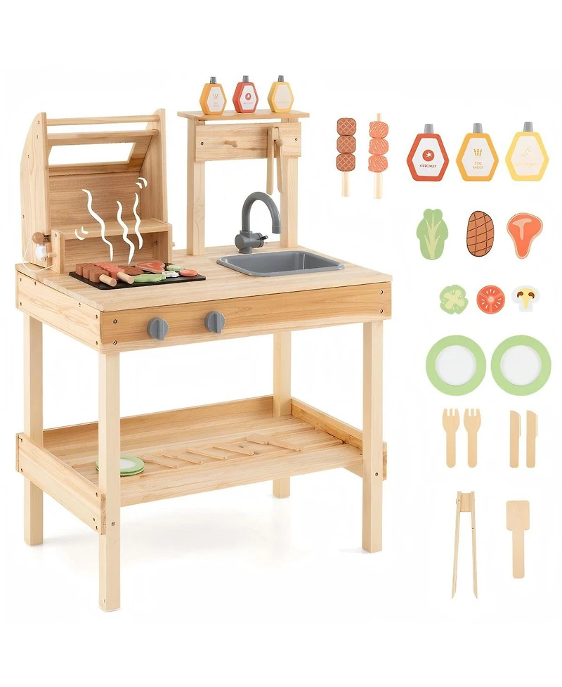 Hongge Wooden Barbecue Grill Playset with Play Food and Open Shelves
