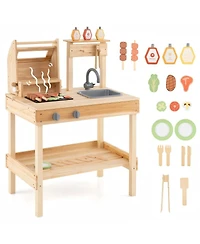 Hongge Wooden Barbecue Grill Playset with Play Food and Open Shelves