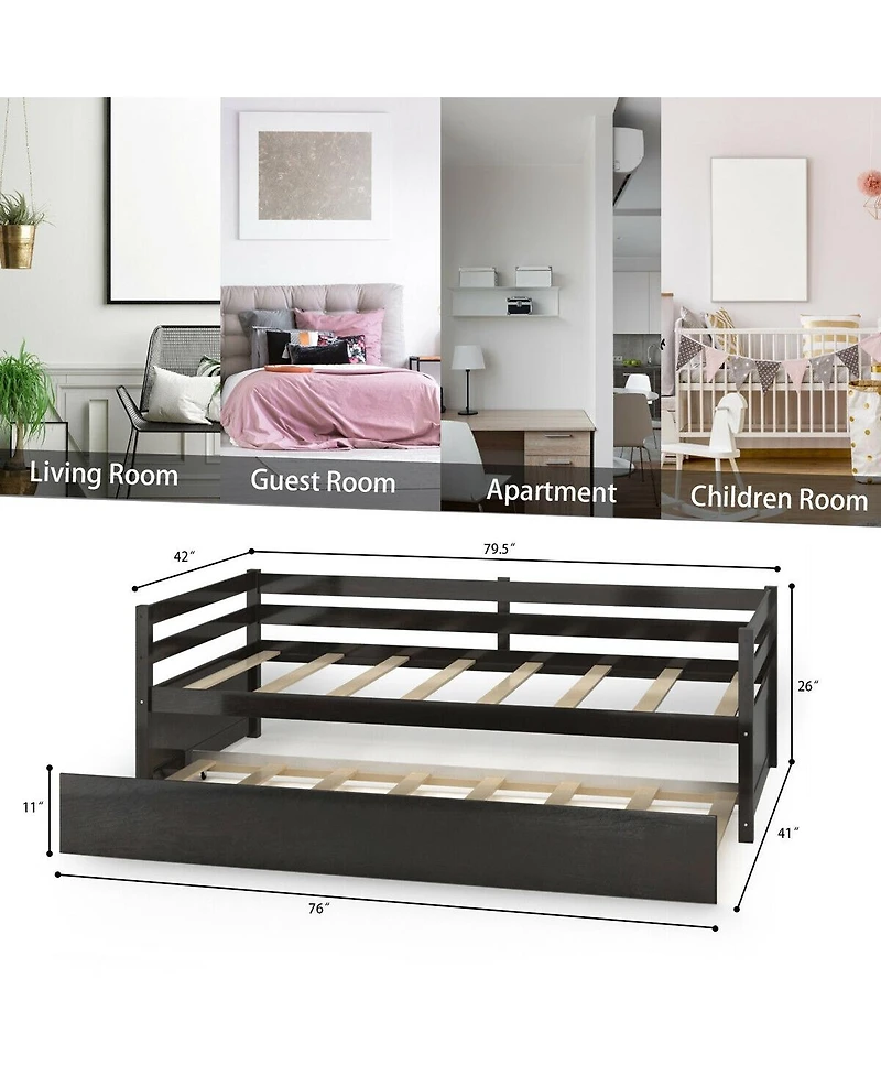 Sugift Wooden Slat Trundle Platform Bed