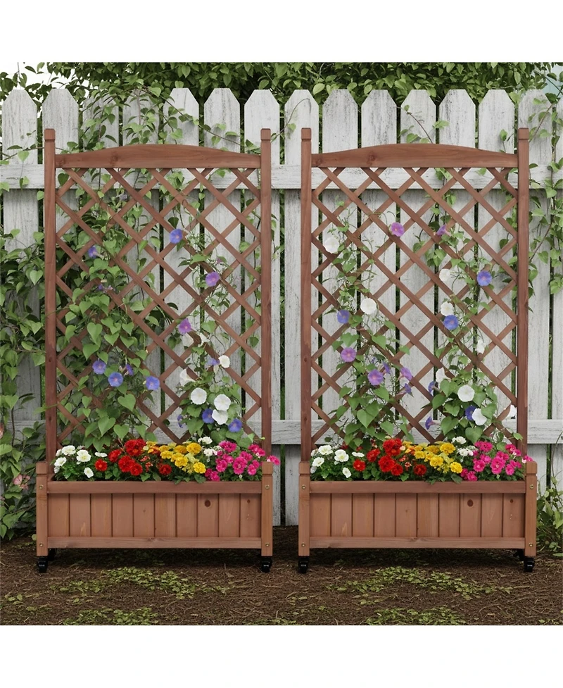 Clihome 2 Pack Raised Garden Bed with Trellis, Outdoor Wooden Planter Box & Plant Stand with Climbing Racks