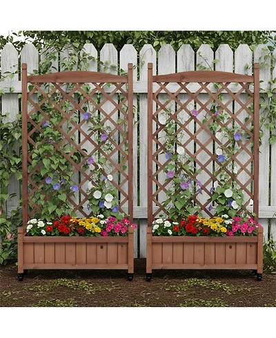 Clihome 2 Pack Raised Garden Bed with Trellis, Outdoor Wooden Planter Box & Plant Stand with Climbing Racks