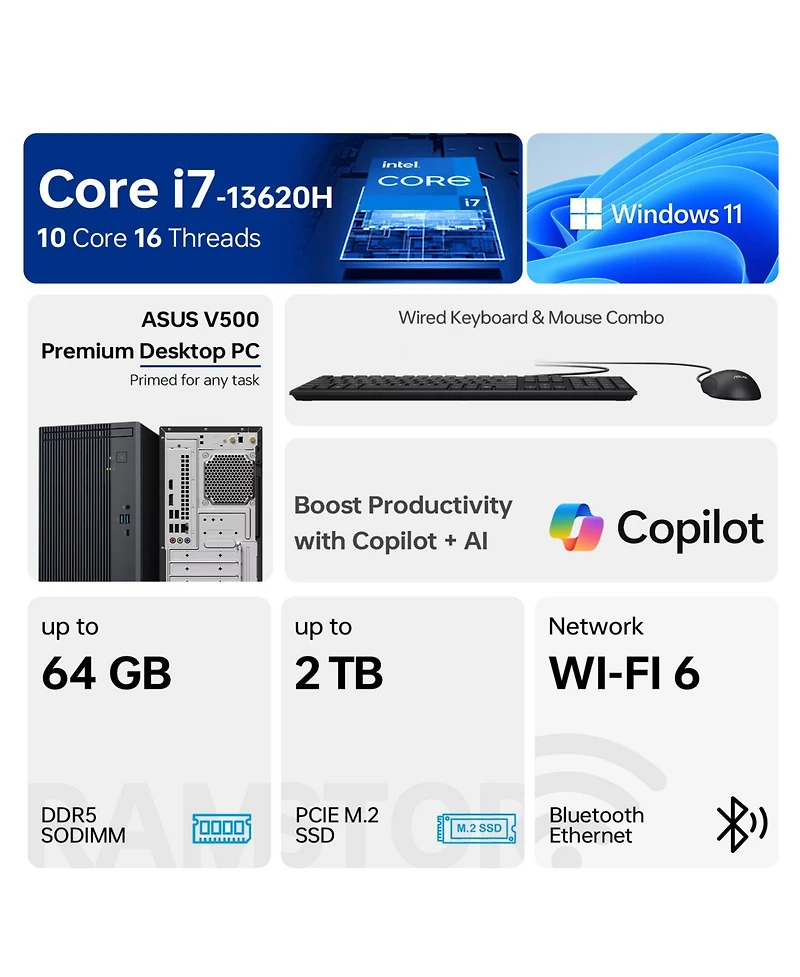 Asus V500 Tower Desktop Intel Core i7 32GB Ram Intel Uhd Graphics 2TB Ssd Storage Windows 11 Home