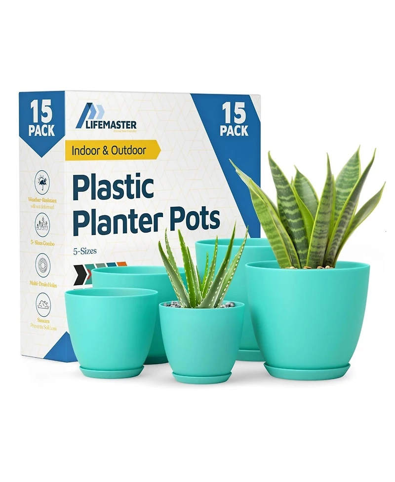 Lifemaster Aqua Plant Pots 15-Pack with Drainage Holes & Saucers, Stackable Space-Saving Indoor & Outdoor Planters, Durable & Weatherproof (7"-4.