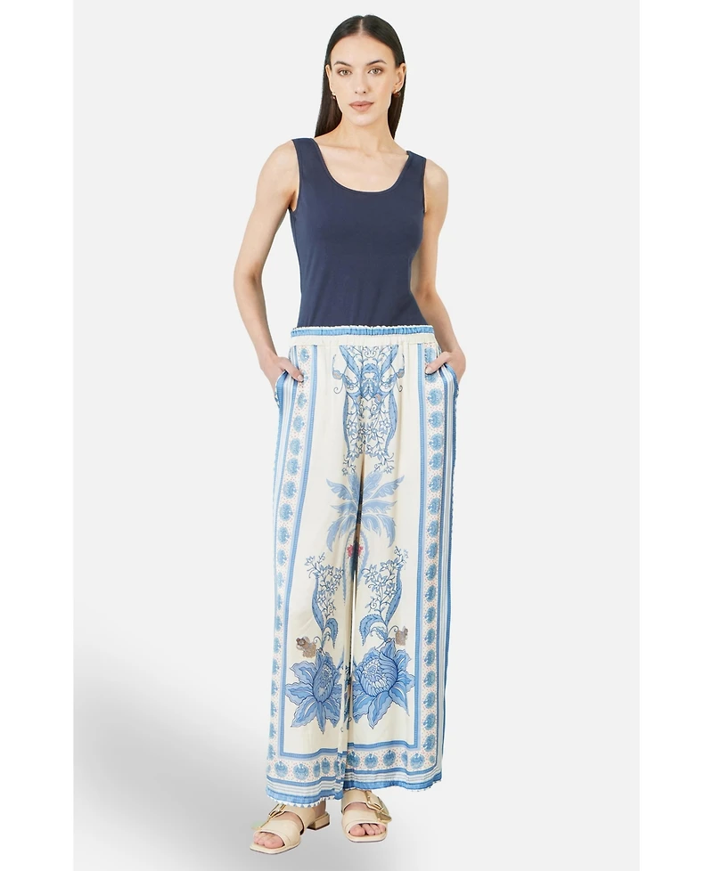 Yumi Women's Satin Print Placement Relaxed Trousers