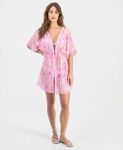 Miken Juniors' Leaf-Trim Leopard-Print Cover-Up Kimono, Macy's Exclusive