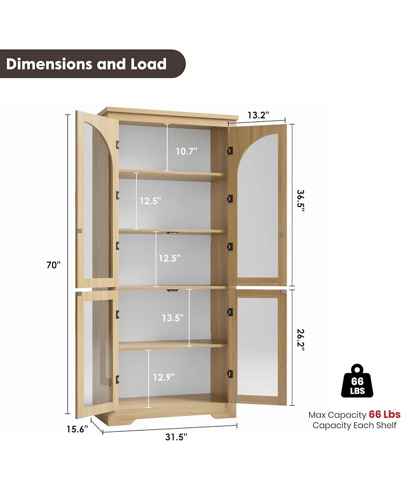 gaomon Tall Kitchen Pantry Cabinet Modern Display with 4 Arched Glass Doors and Adjustable Shelves, Versatile Cupboard Organizers for