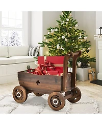 Decorative Wagon Cart Plant Flower Pot Stand Wooden Raised Garden Planter Box