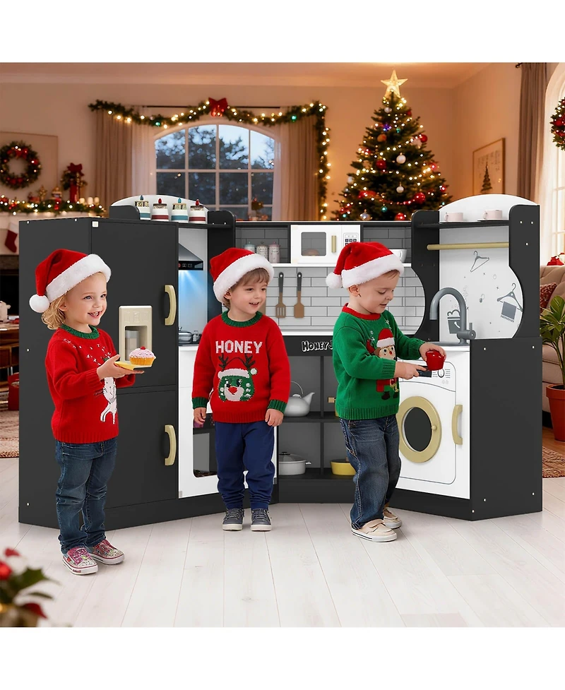 Corner Play Kitchen Toddler Playset with Range Hood, Ice Maker, Microwave