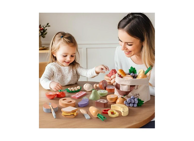 Robotime Wooden Play Food 4-in-1 Cutting Set Pretend Play Toy Food for Play Kitchen with Shopping Bag Kids Kitchen Accessories for Boys Girls
