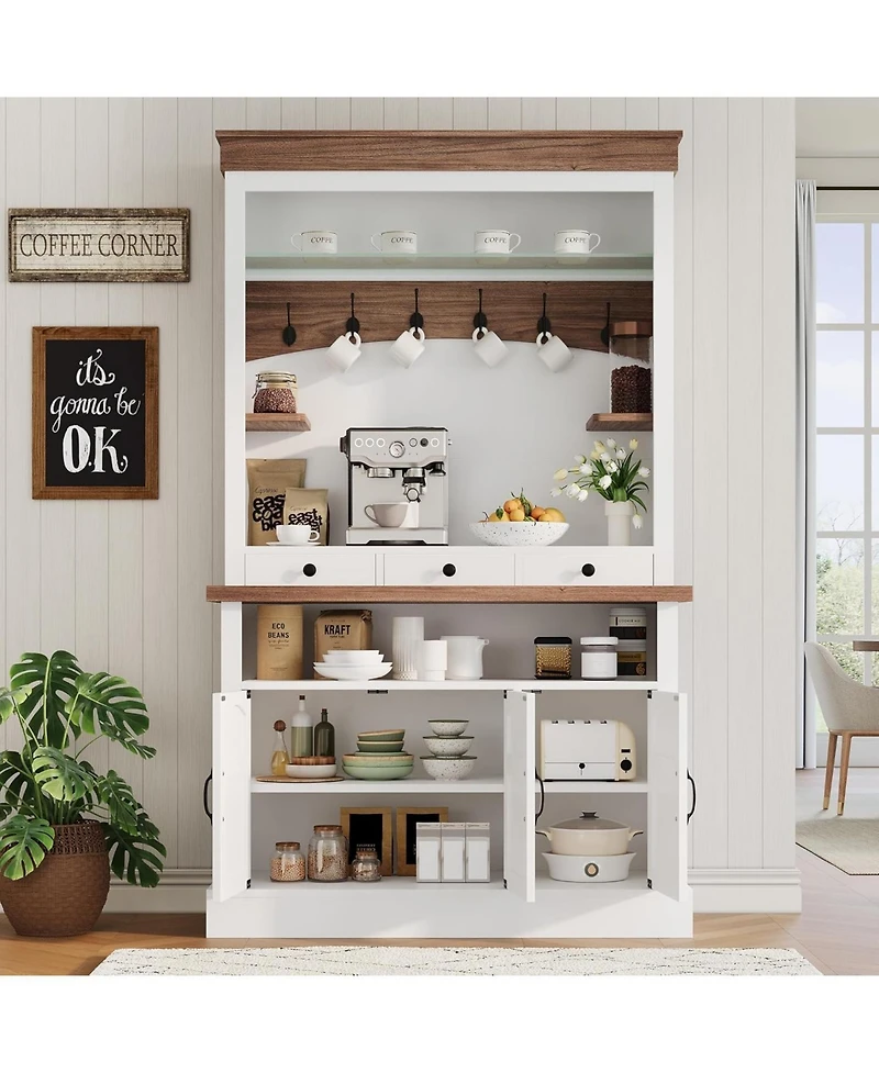 gaomon Coffee Bar Cabinet with Led Light, 72 in Tall Farmhouse Coffee Bar Hutch with Storage, Sideboard Buffet Cabinet with Microwave Stand