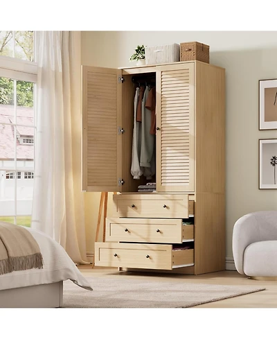 gaomon Armoire Wardrobe Closet Drawers Doors, Modern Wooden Wardrobe Cabinets for Hanging Clothes, Tall Standing Bedroom Armoires, Heavy Duty